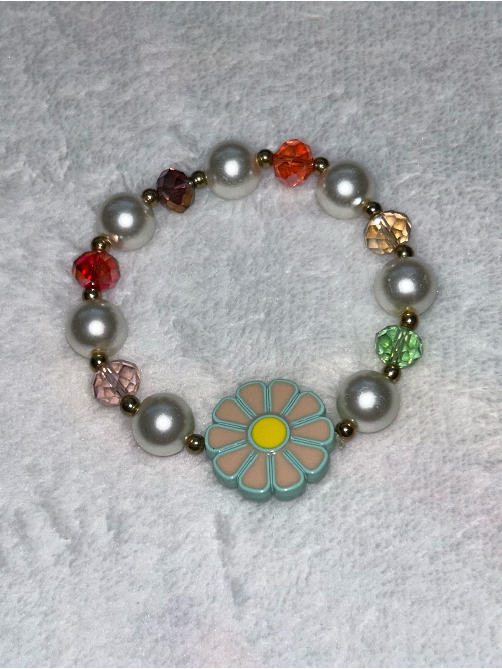 Handmade Pearl & Pastel Daisy Stretch Bracelet with Multicolor Crystal Accents